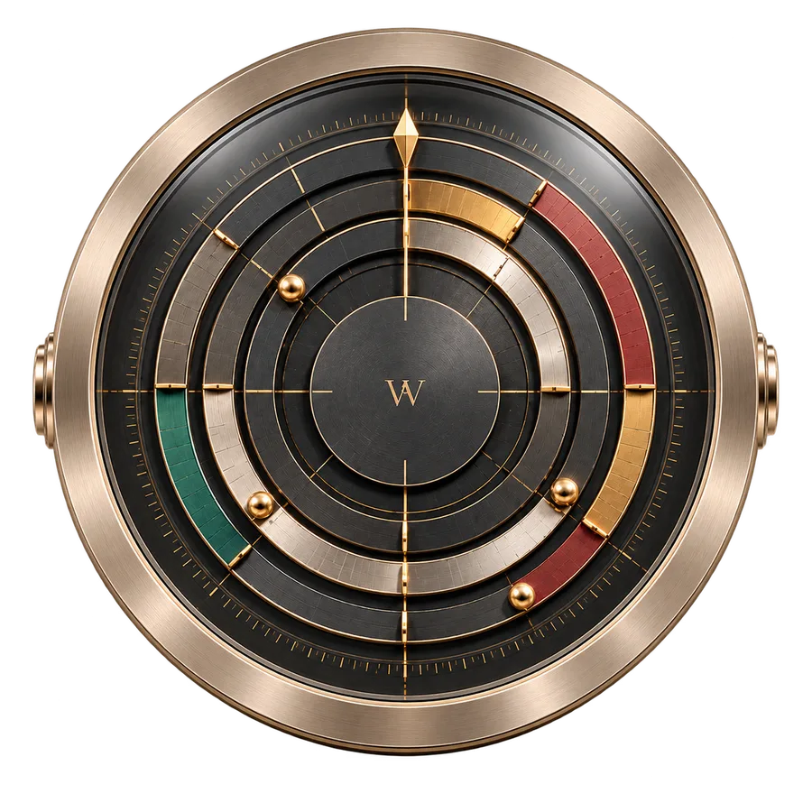 The Witan Regime Compass. Five concentric rings, one for each market it reads.